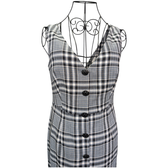 Veronica Beard Lark XS 2 V-Neck Button-Front Black White Plaid Sheath Midi Dress - Picture 6 of 9